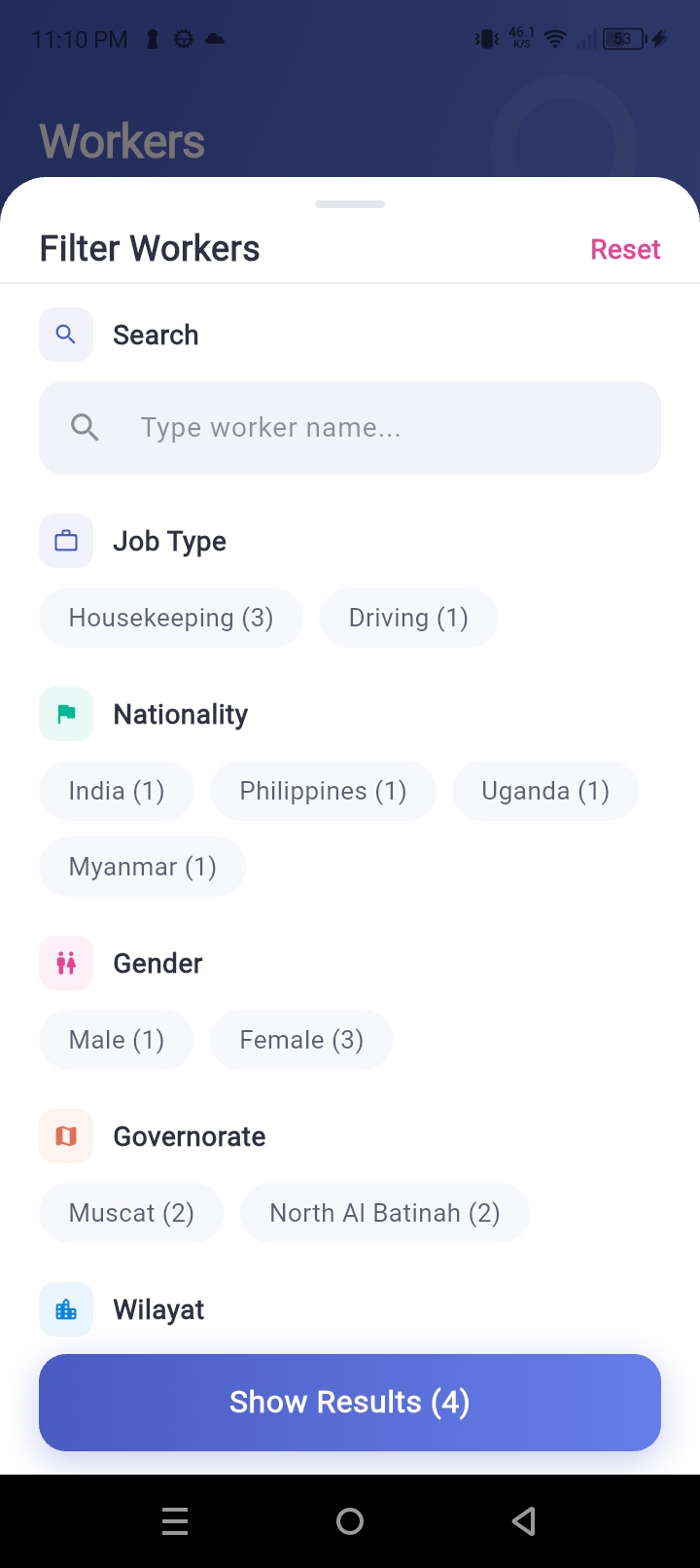 Workers list with filter controls
